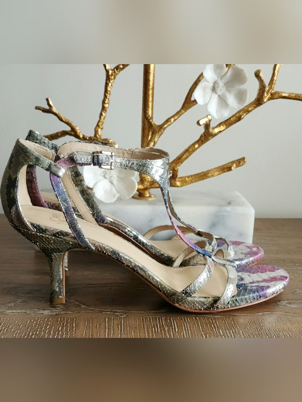 Joan & David Metallic Silver Multi-Color Snake-Print Heeled Sandals 10M